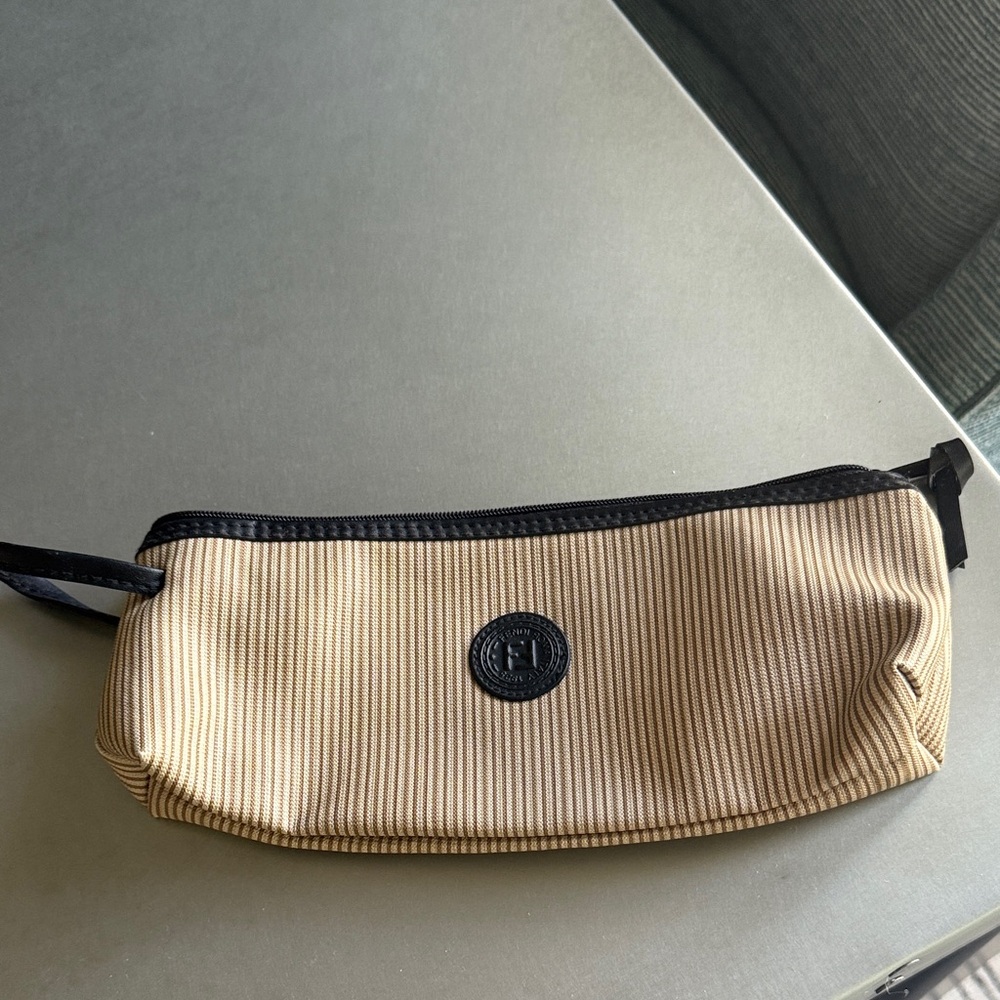 FENDI Tan and brown vinyl Fendi Striped Toiletry/cosmetic Bag